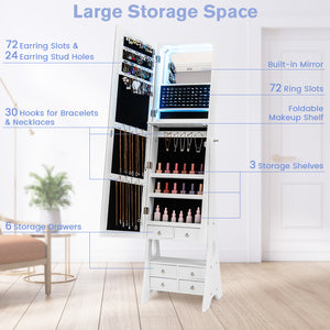 Freestanding Full Length LED Mirrored Jewelry Armoire with 6 Drawers-White