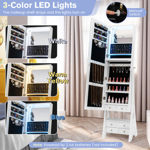 Freestanding Full Length LED Mirrored Jewelry Armoire with 6 Drawers-White