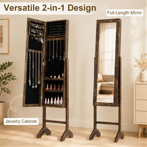 Freestanding Jewelry Armoire with Velvet Lining and Full Length Mirror-Brown