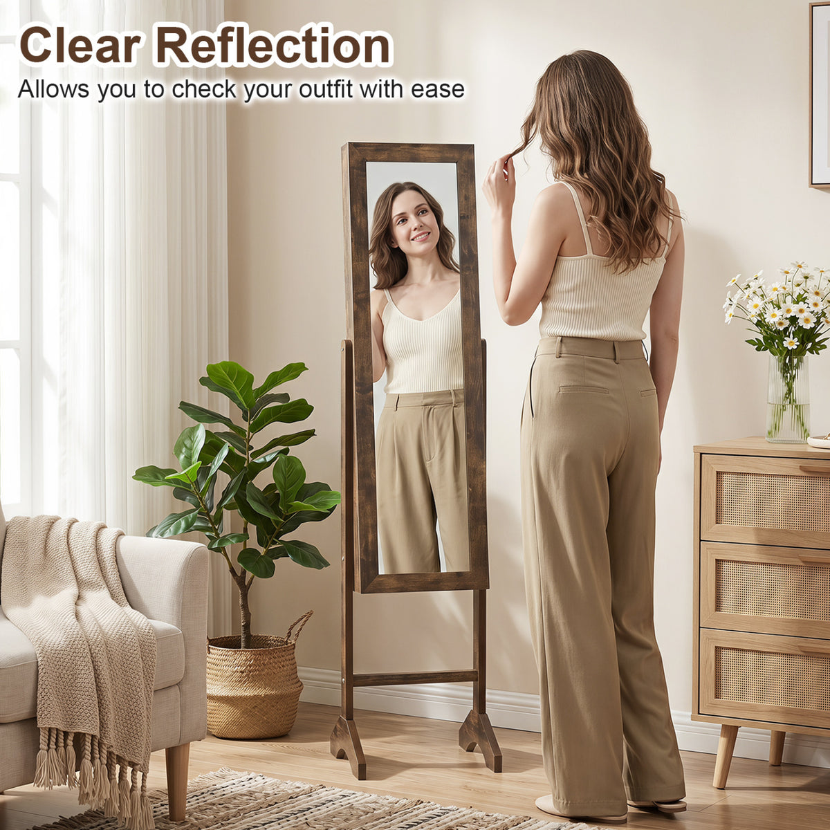 Freestanding Jewelry Armoire with Velvet Lining and Full Length Mirror-Brown