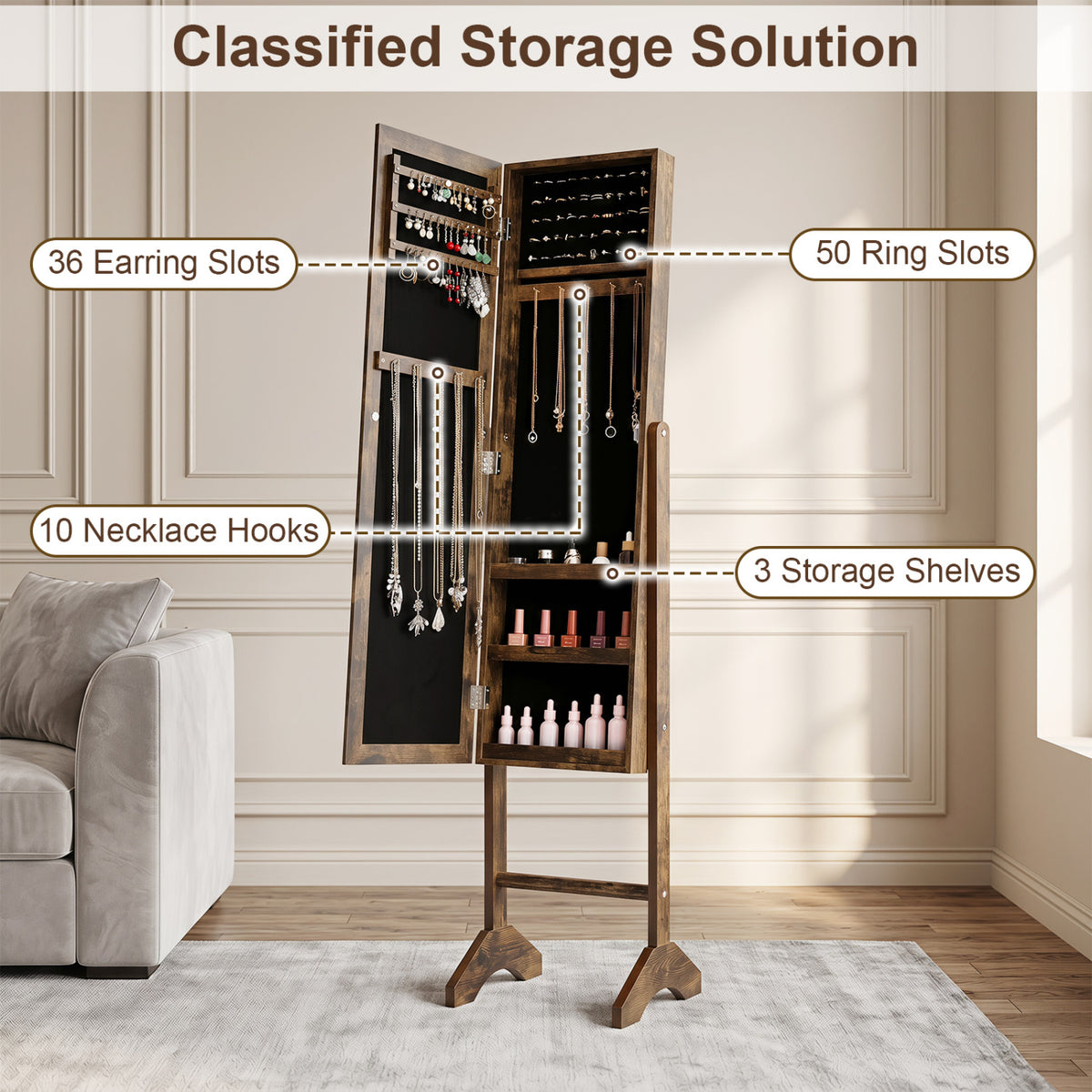 Freestanding Jewelry Armoire with Velvet Lining and Full Length Mirror-Brown