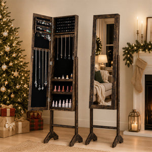 Freestanding Jewelry Armoire with Velvet Lining and Full Length Mirror-Brown