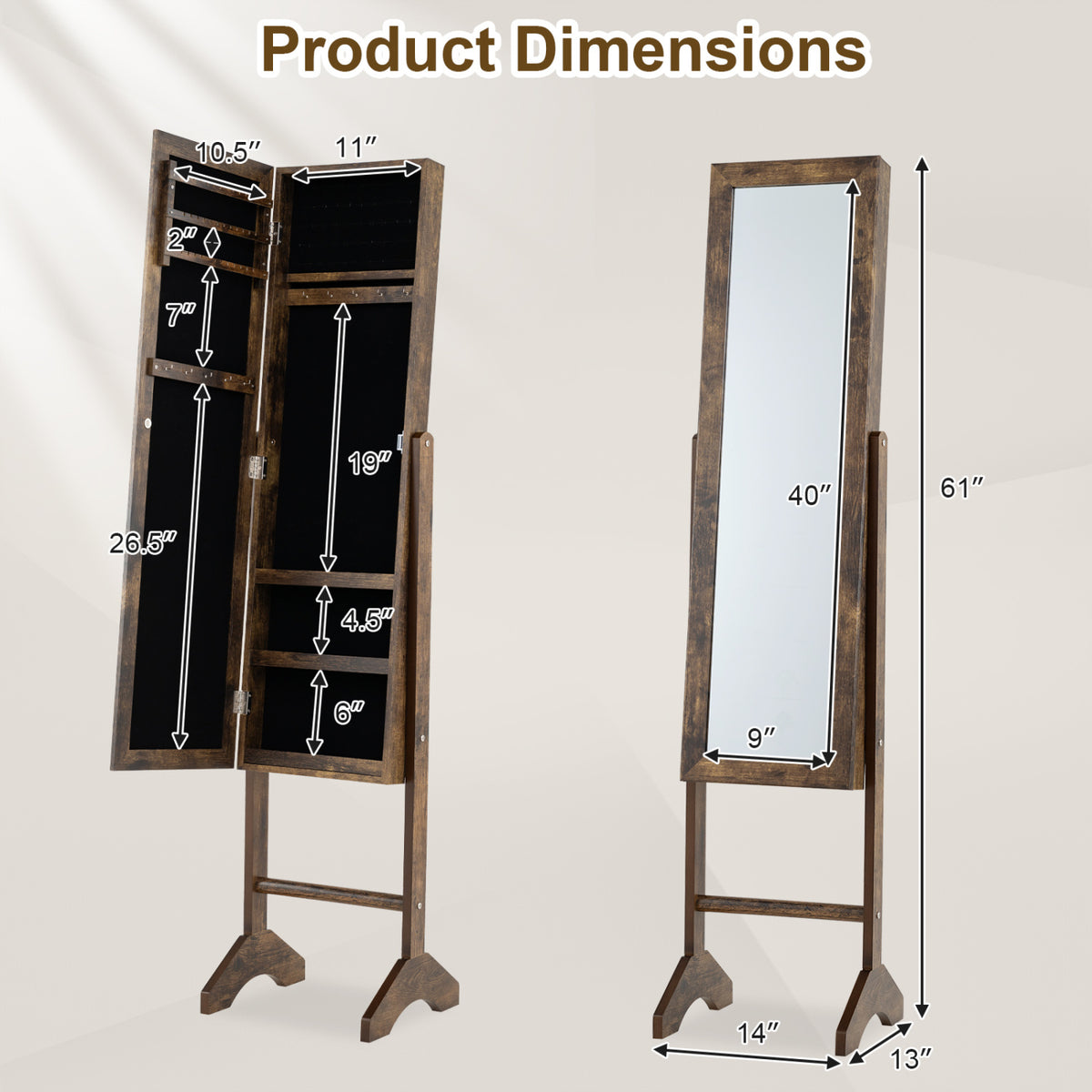 Freestanding Jewelry Armoire with Velvet Lining and Full Length Mirror-Brown