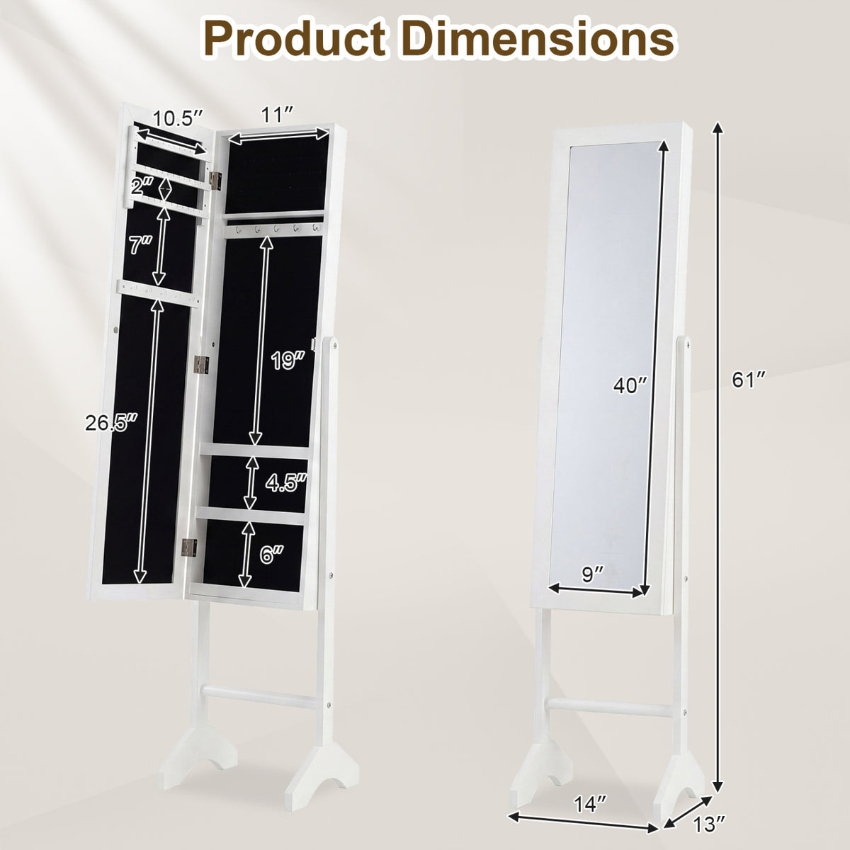 Freestanding Jewelry Armoire with Velvet Lining and Full Length Mirror-White
