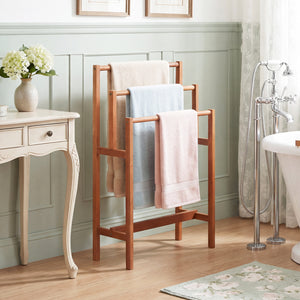 Solid Wood 3-Tier Freestanding Towel Rack with Teak Oil Finish