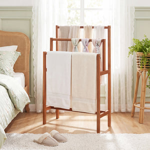 Solid Wood 3-Tier Freestanding Towel Rack with Teak Oil Finish