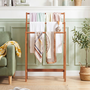 Solid Wood 3-Tier Freestanding Towel Rack with Teak Oil Finish