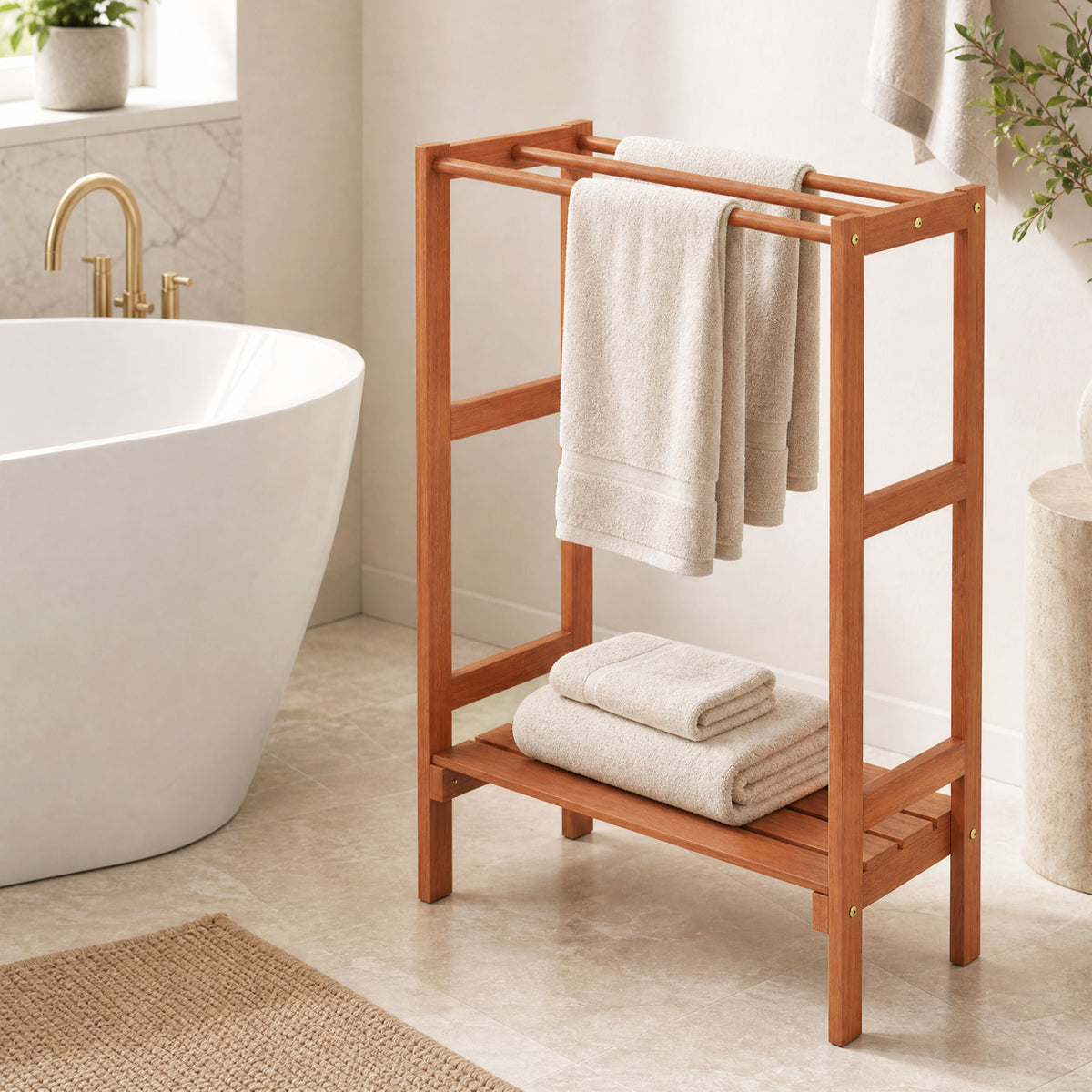 Freestanding Towel Rack with 3 Hanging Bars & Bottom Shelf for Bathroom Laundry