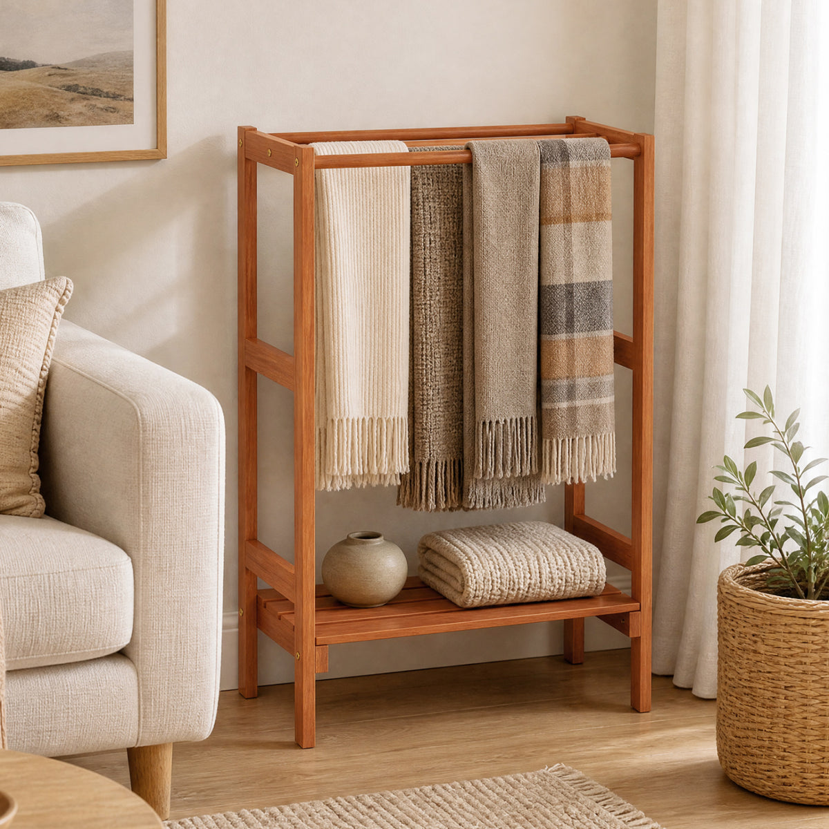 Freestanding Towel Rack with 3 Hanging Bars & Bottom Shelf for Bathroom Laundry