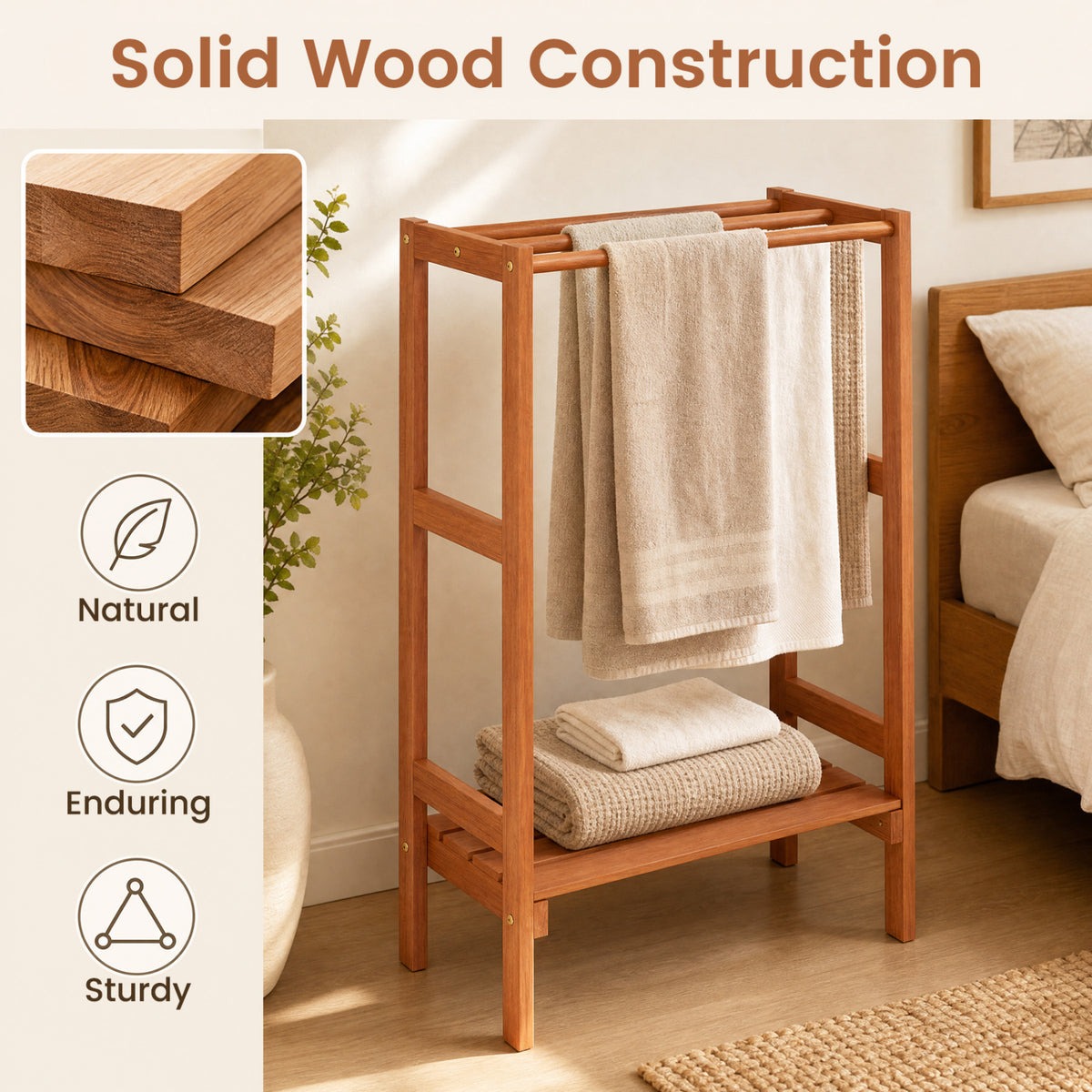 Freestanding Towel Rack with 3 Hanging Bars & Bottom Shelf for Bathroom Laundry