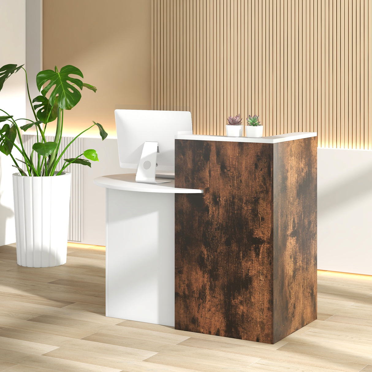 Front Reception Office Desk with Open Shelf and Lockable Drawer-Rustic Brown