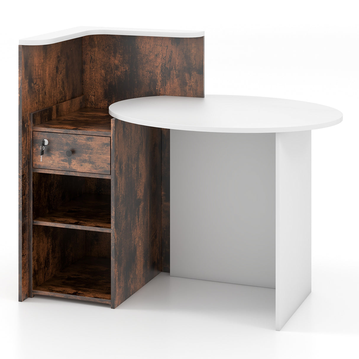 Front Reception Office Desk with Open Shelf and Lockable Drawer-Rustic Brown