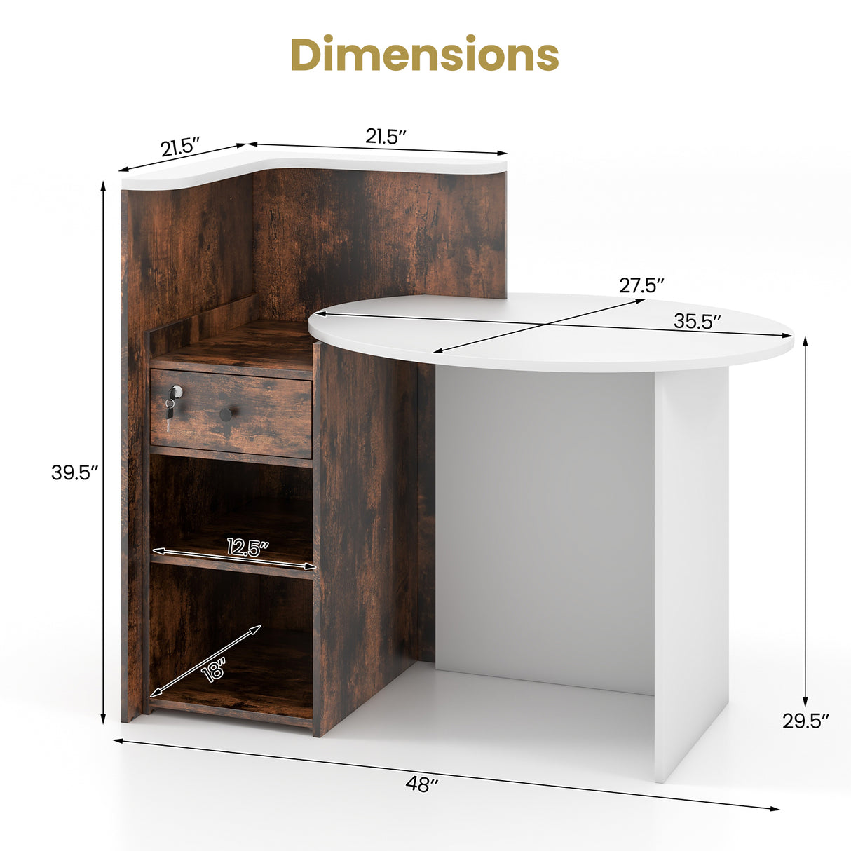 Front Reception Office Desk with Open Shelf and Lockable Drawer-Rustic Brown