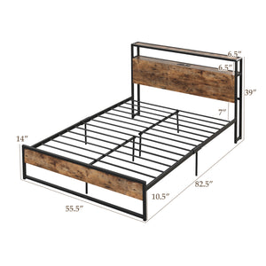 Full/Queen Bed Frame with 2-Tier Storage Headboard and Charging Station-Full Size