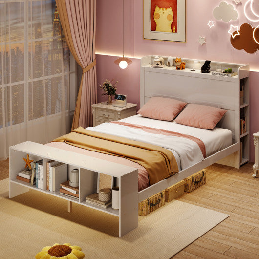 Full Size Bed Frame with 2 USB Ports with Storage Headboard and Lights-Full Size