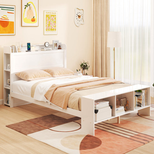 Full Size Bed Frame with 2 USB Ports with Storage Headboard and Lights-Full Size
