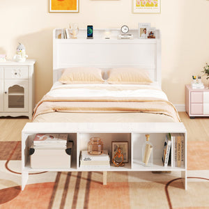 Full Size Bed Frame with 2 USB Ports with Storage Headboard and Lights-Full Size