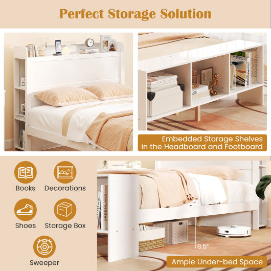 Full Size Bed Frame with 2 USB Ports with Storage Headboard and Lights-Full Size