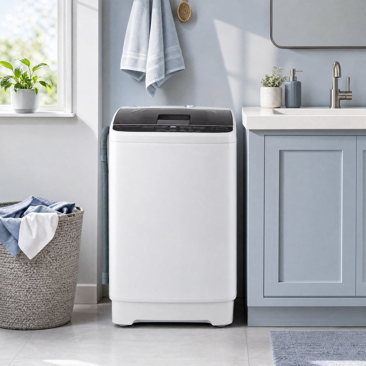 Full Automatic Washing Machine with 8 Preset Programs 6 Water Levels and Built-in Drain Pump-White