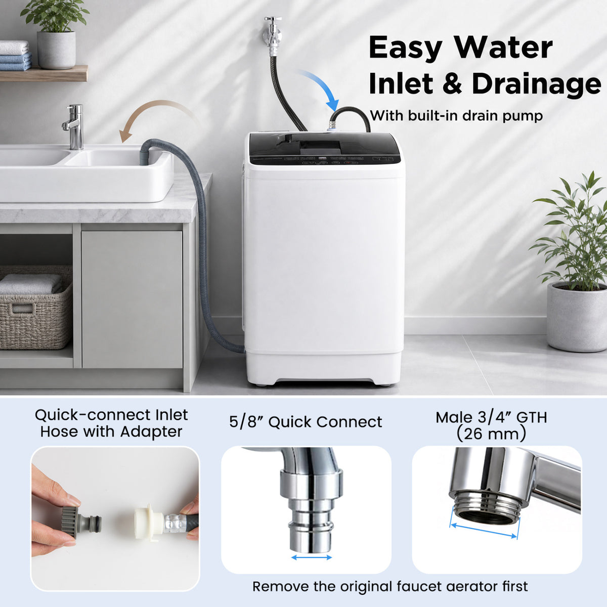 Full Automatic Washing Machine with 8 Preset Programs 6 Water Levels and Built-in Drain Pump-White