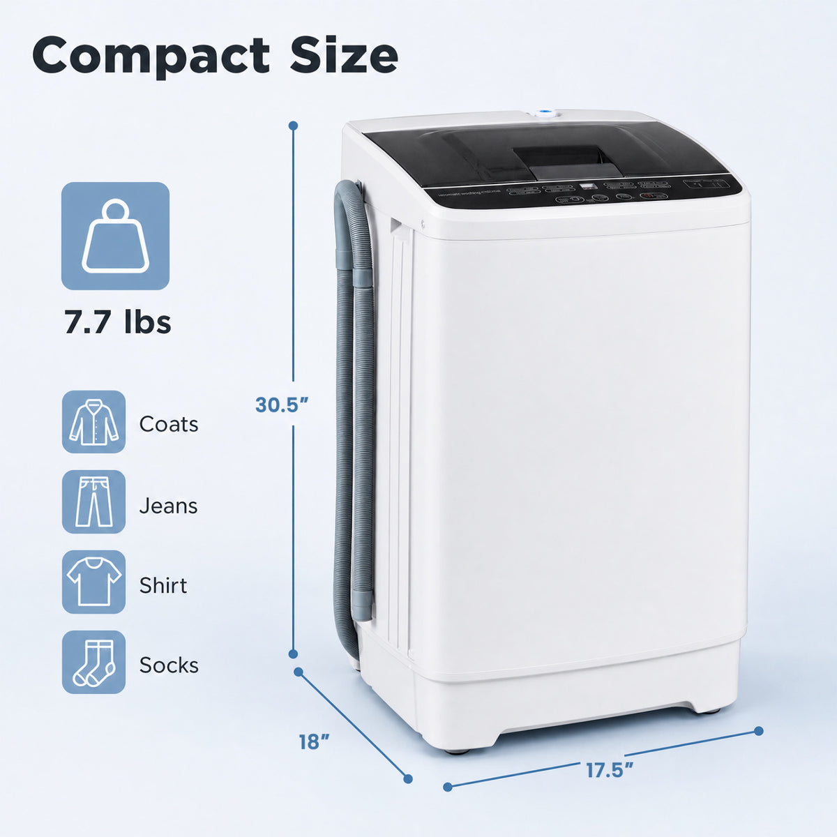 Full Automatic Washing Machine with 8 Preset Programs 6 Water Levels and Built-in Drain Pump-White
