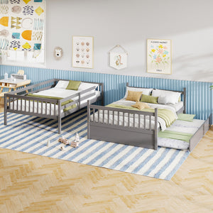 Full over Full Bunk Bed Platform Wood Bed with Ladder-Gray