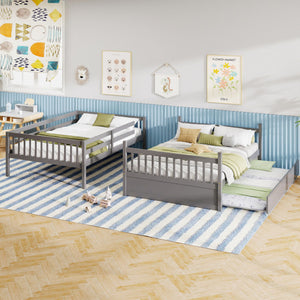 Full over Full Bunk Bed Platform Wood Bed with Ladder-Gray