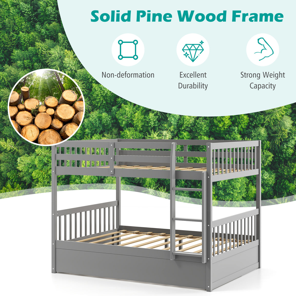 Full over Full Bunk Bed Platform Wood Bed with Ladder-Gray