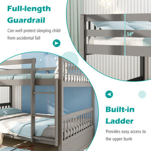 Full over Full Bunk Bed Platform Wood Bed with Ladder-Gray