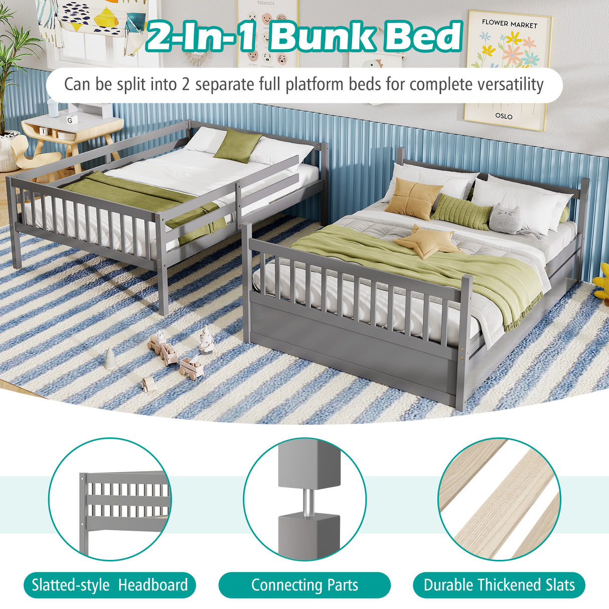 Full over Full Bunk Bed Platform Wood Bed with Ladder-Gray