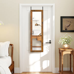 Full Length Mirror Jewelry Cabinet with Ring Slots and Necklace Hooks-Rustic Brown