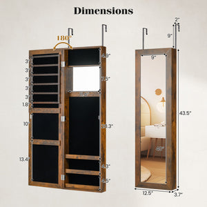 Full Length Mirror Jewelry Cabinet with Ring Slots and Necklace Hooks-Rustic Brown