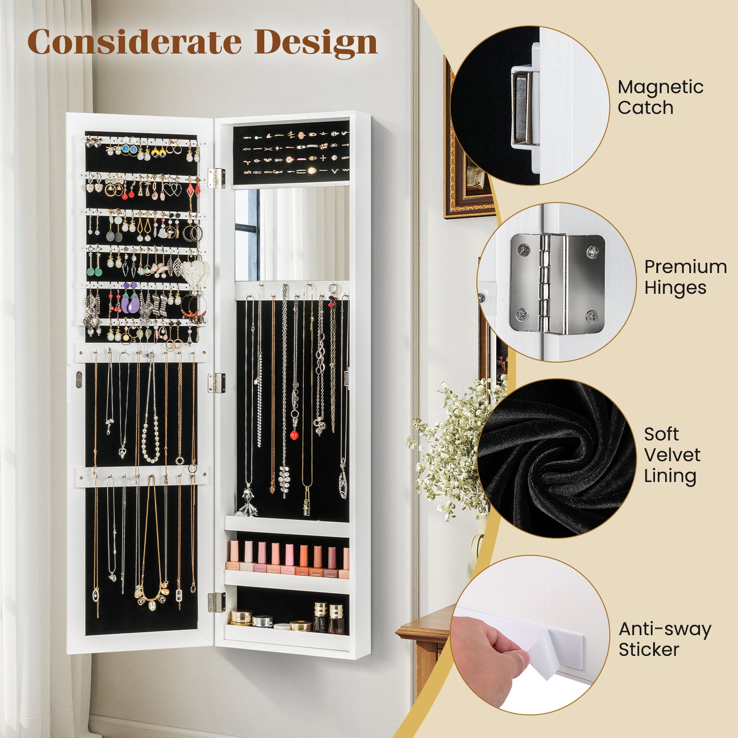 Full Length Mirror Jewelry Cabinet with Ring Slots and Necklace Hooks-White