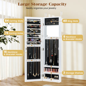 Full Length Mirror Jewelry Cabinet with Ring Slots and Necklace Hooks-Black