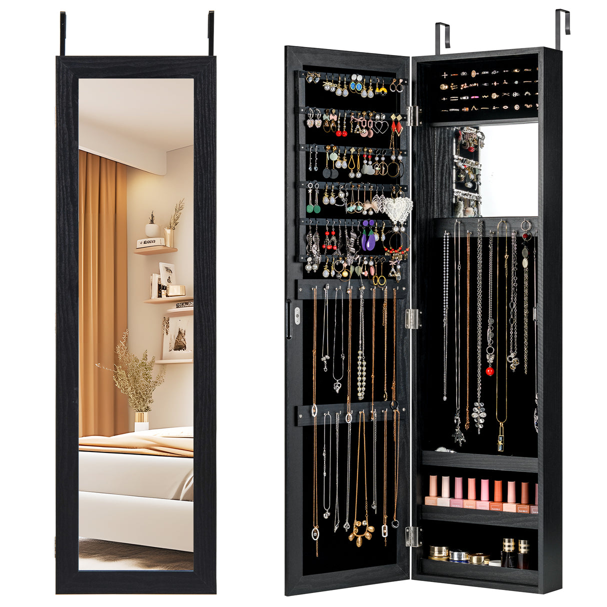 Full Length Mirror Jewelry Cabinet with Ring Slots and Necklace Hooks-Black