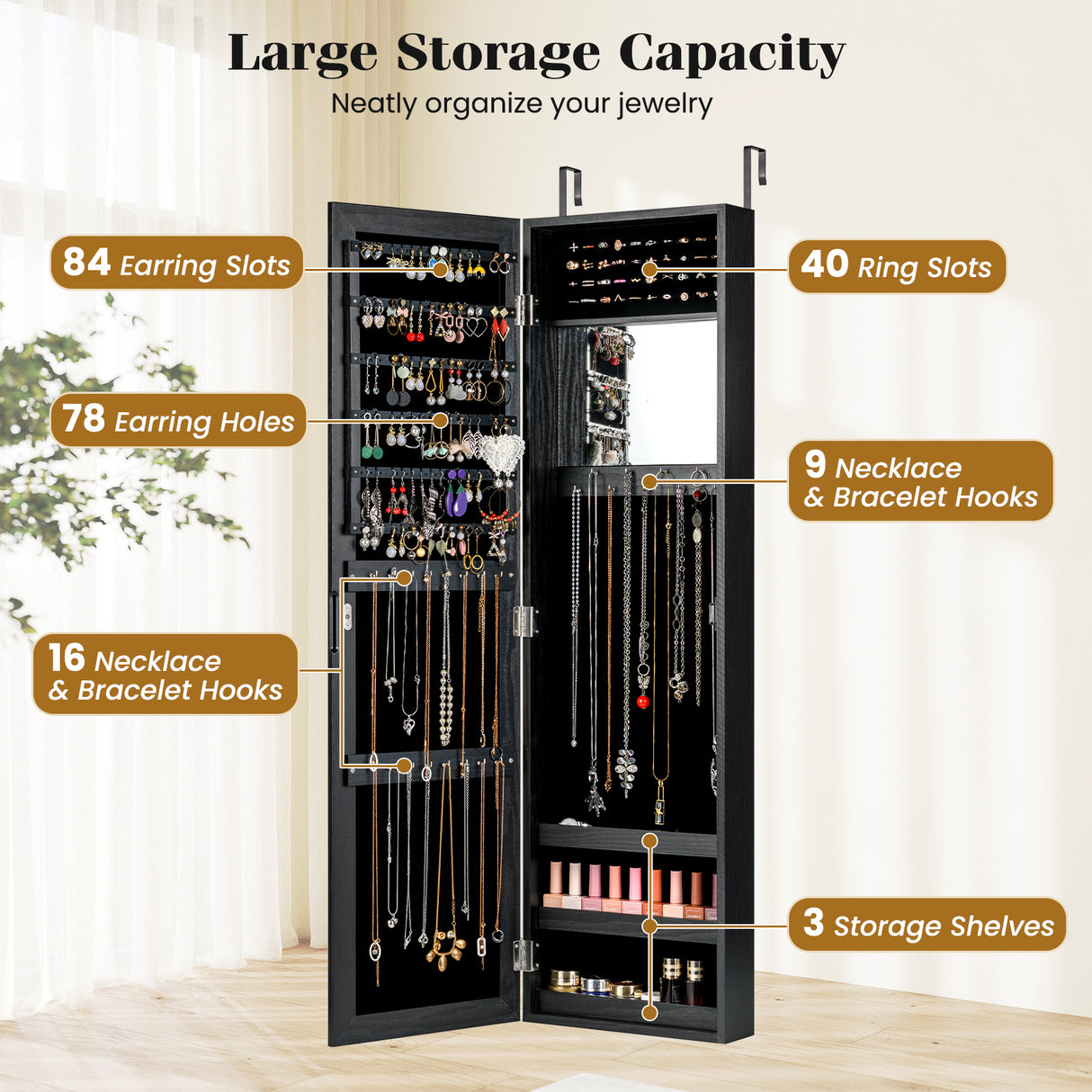 Full Length Mirror Jewelry Cabinet with Ring Slots and Necklace Hooks-Black