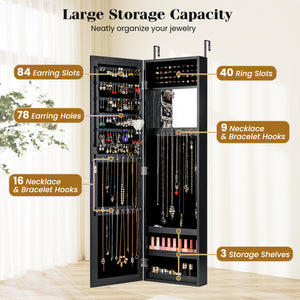 Full Length Mirror Jewelry Cabinet with Ring Slots and Necklace Hooks-Black