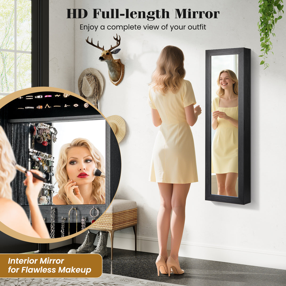 Full Length Mirror Jewelry Cabinet with Ring Slots and Necklace Hooks-Black