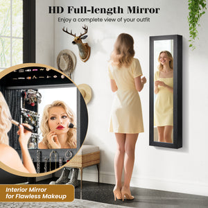 Full Length Mirror Jewelry Cabinet with Ring Slots and Necklace Hooks-Black