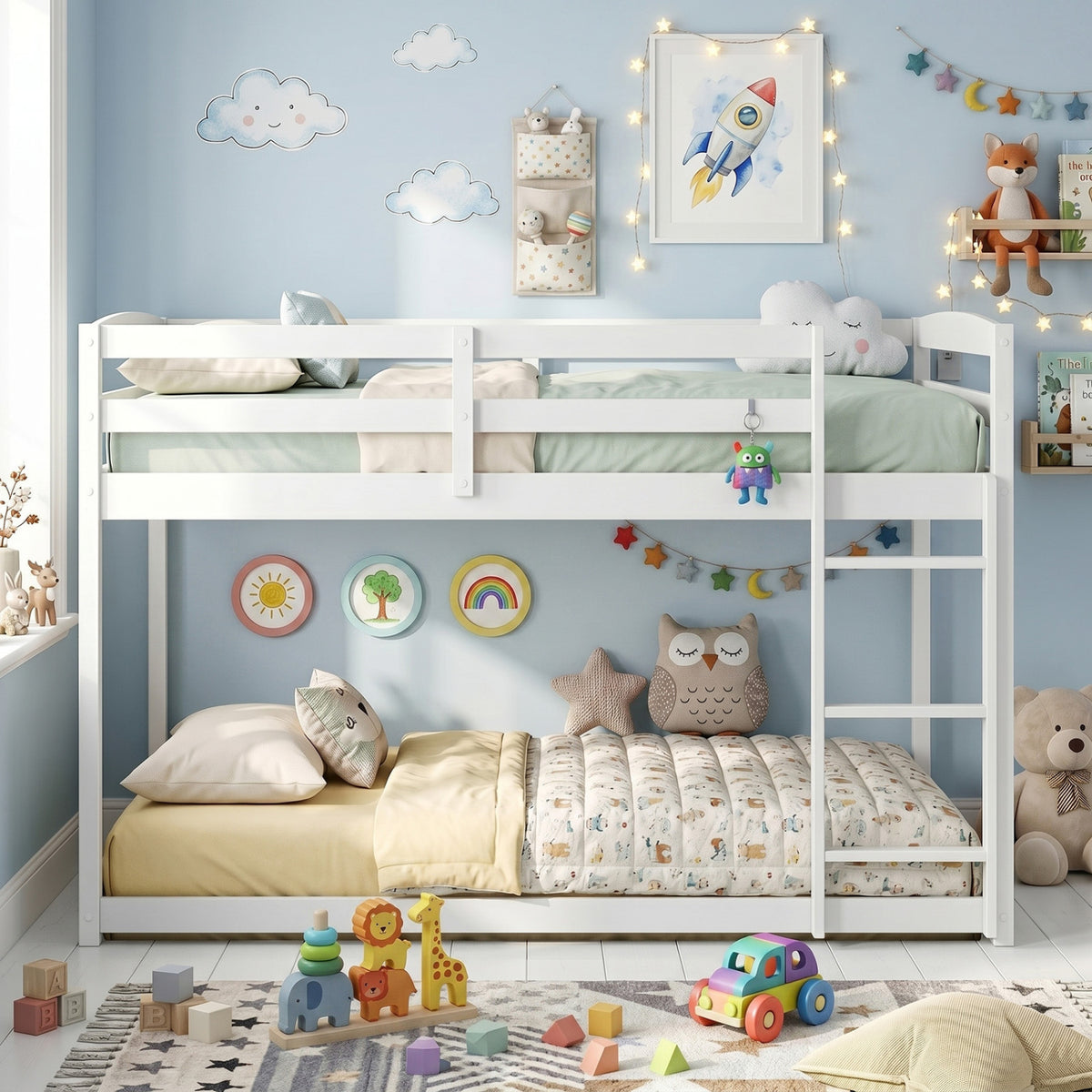Full Over Full Bunk Bed with Integrated Ladder and Safety Guardrails Solid Wood-White