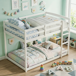 Full Over Full Bunk Bed with Integrated Ladder and Safety Guardrails Solid Wood-White