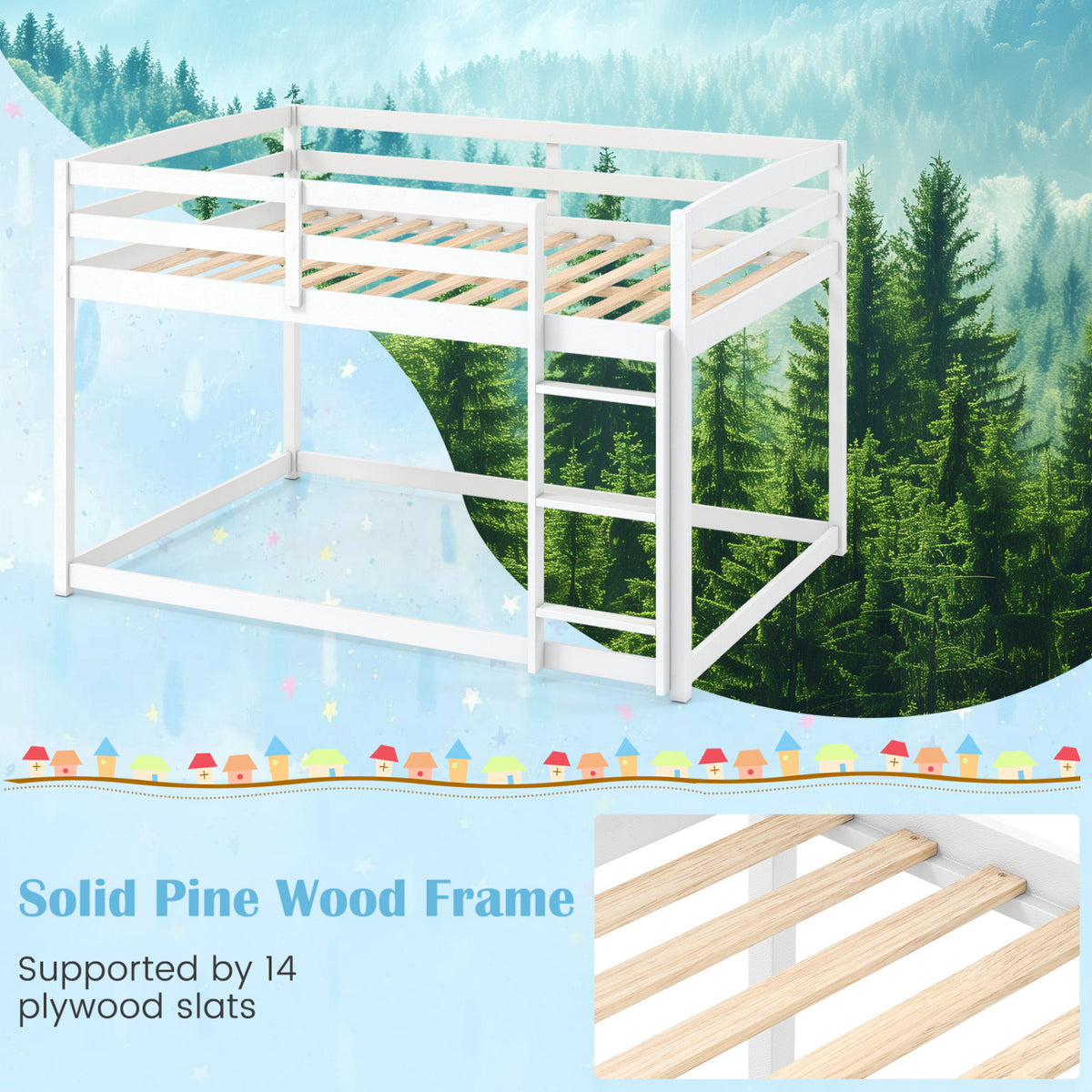 Full Over Full Bunk Bed with Integrated Ladder and Safety Guardrails Solid Wood-White