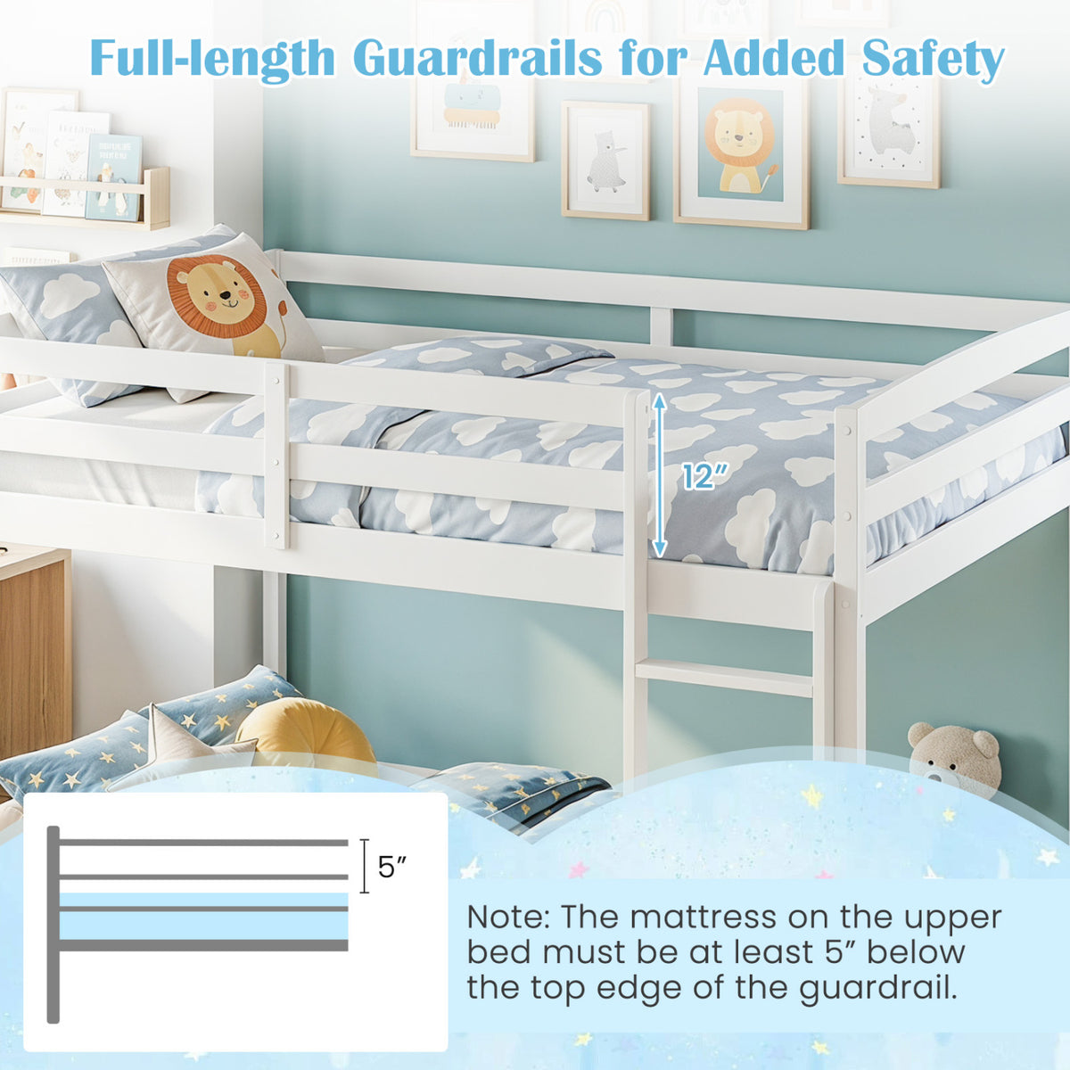 Full Over Full Bunk Bed with Integrated Ladder and Safety Guardrails Solid Wood-White