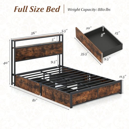 Full/Queen Size LED Bed Frame with Charging Station and 4 Storage Drawers-Full