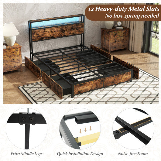 Full/Queen Size LED Bed Frame with Charging Station and 4 Storage Drawers-Full