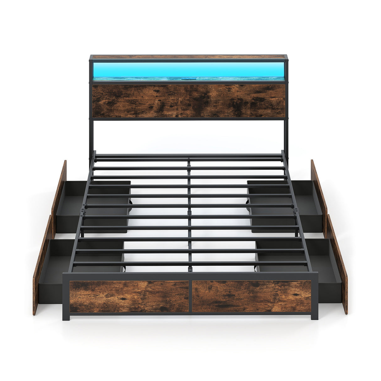 Full/Queen Size LED Bed Frame with Charging Station and 4 Storage Drawers-Queen
