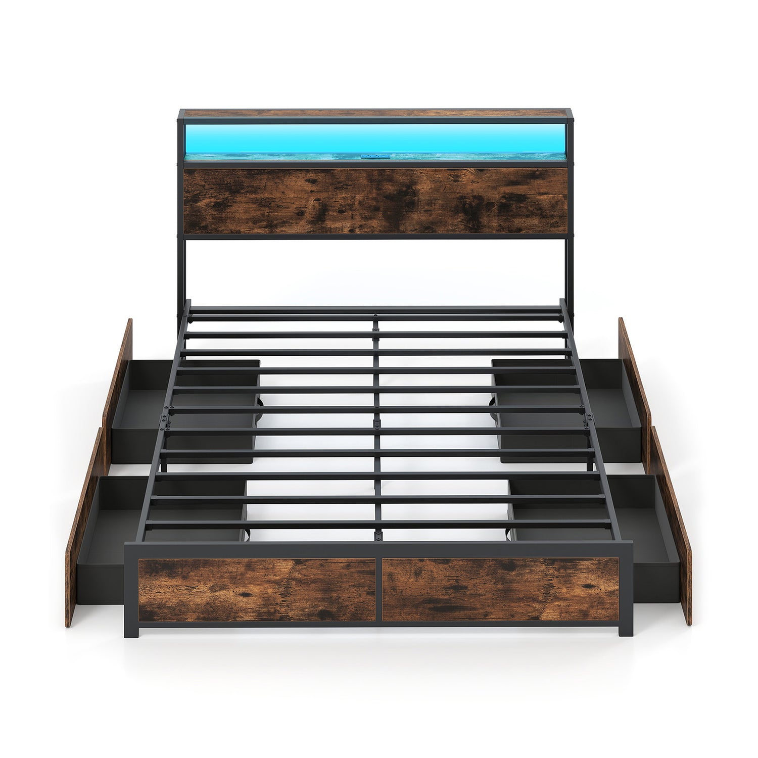 Full/Queen Size LED Bed Frame with Charging Station and 4 Storage Drawers-Queen