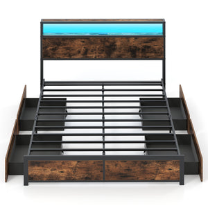 Full/Queen Size LED Bed Frame with Charging Station and 4 Storage Drawers-Queen