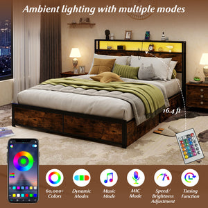 Full/Queen Size LED Bed Frame with Charging Station and 4 Storage Drawers-Queen