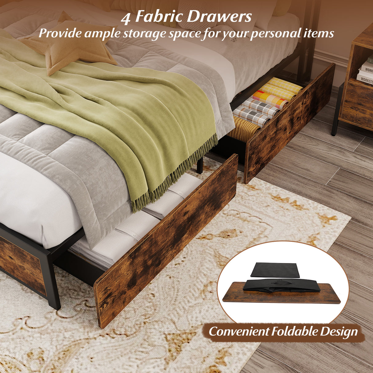 Full/Queen Size LED Bed Frame with Charging Station and 4 Storage Drawers-Queen